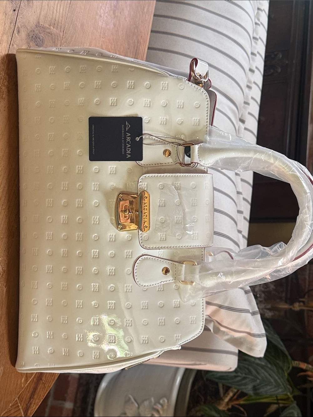 Arcadia Teresa Cream Patent Satchel with Gold Hardware